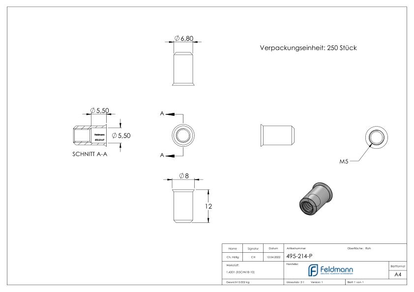 Blind-Einnietmutter, V2A, M5/Loch 7mm, VPE mit 250 Stück, V2A