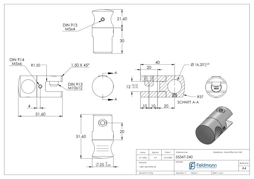 Plattenhalter mit Bohrung 16,2mm, V2A