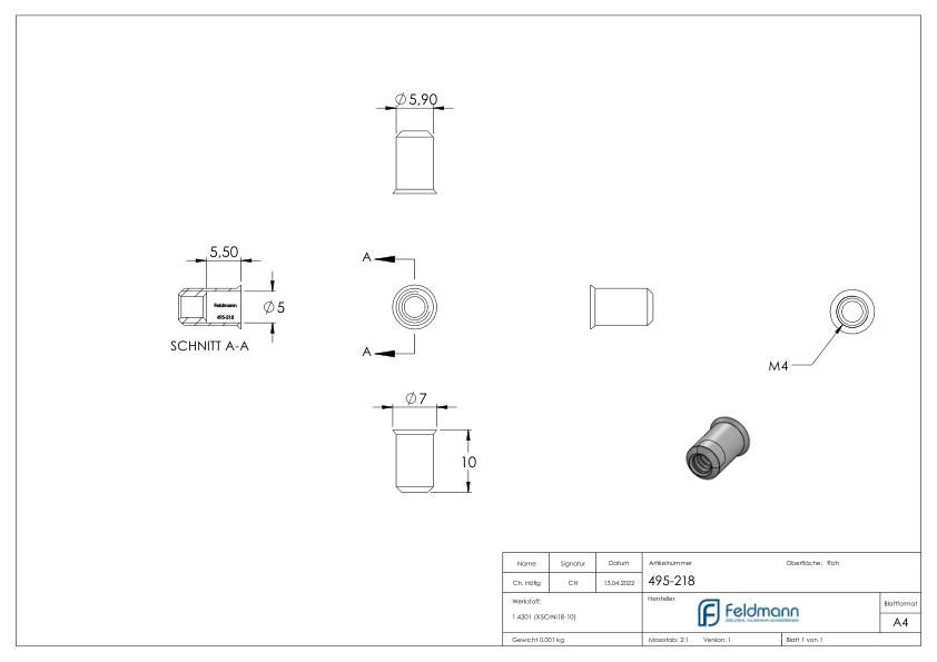 Blind-Einnietmutter, V2A, M4/Loch 6mm, V2A