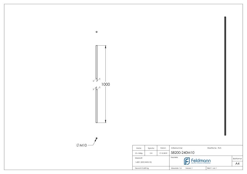 Gewindestange V2A L:1m, M10 Rechtsgewinde