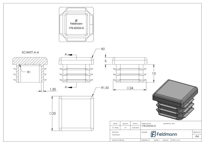 Kunststoffkappe für Quadratrohr 25x25mm