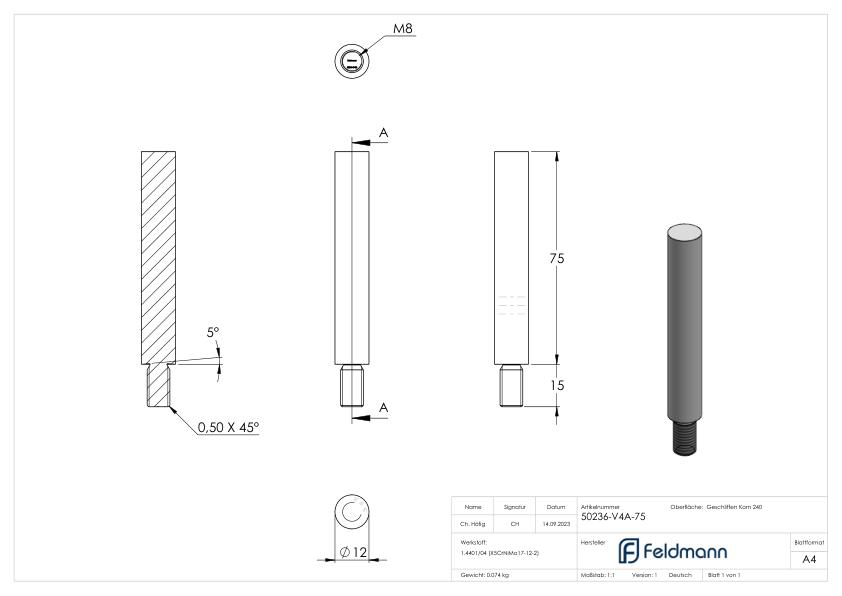 Stift Ø 12mm, L: 75mm, V4A