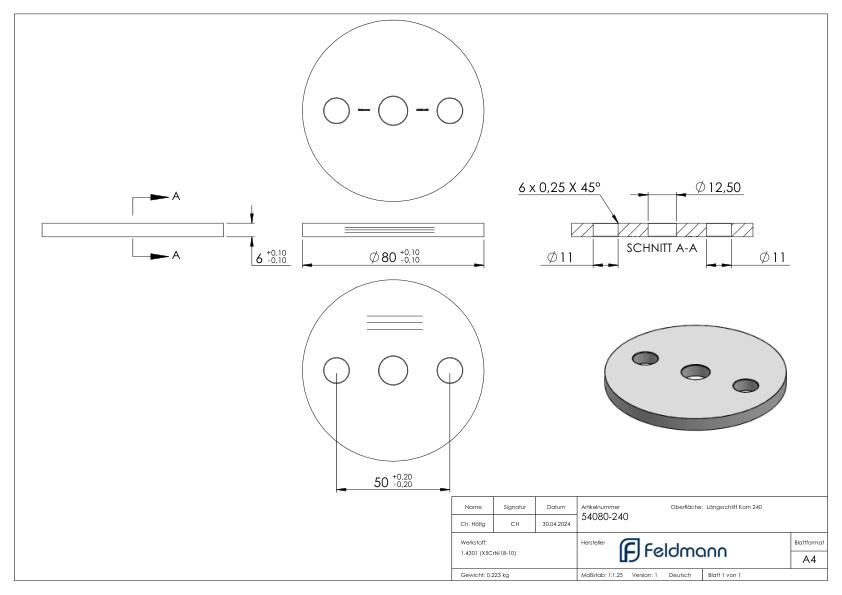 Ankerplatte Ø 80x6mm, mit Längsschliff, V2A