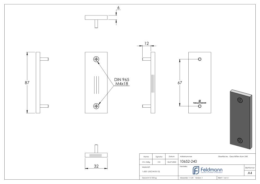 Kurzschild blind, Abmessung: 32x87x6mm, V2A