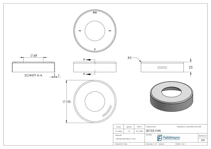 Abdeckrosette, 105x25mm, Bohrung 49mm, V4A