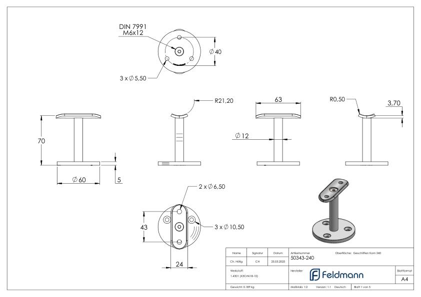 Handlaufstütze mit Ronde, Handlaufanschlussplatte gerade, V2A