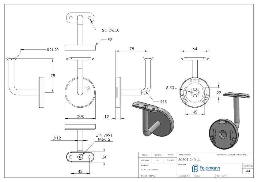 Handlaufhalter mit Handlaufanschlussplatte und Abdeckrosette (Ronde und Bügel verschweißt), V2A