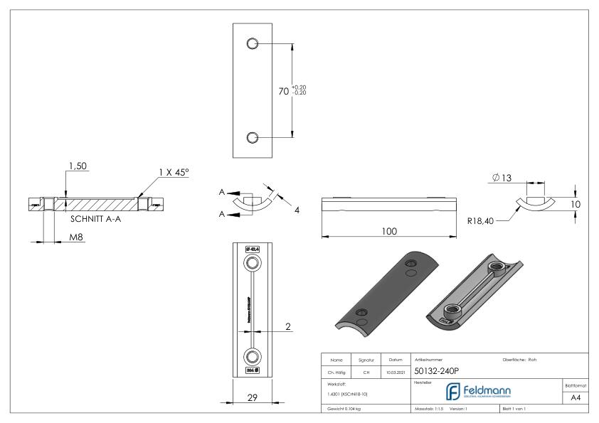 Verstärkungsplatte für Wandbefestigung 50132-240, V2A