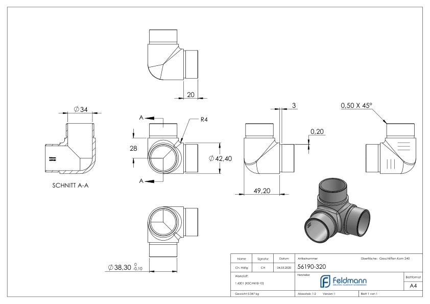 Ecke 90° mit Abgang, für Rohr 42,4x2,0mm, V2A
