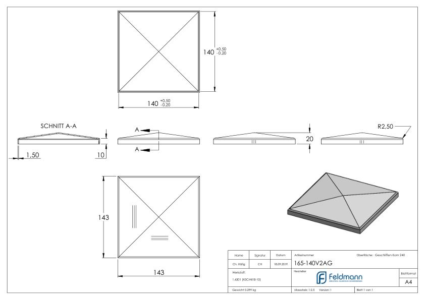 Pyramidenkappe, für Rohr 140x140mm, V2A