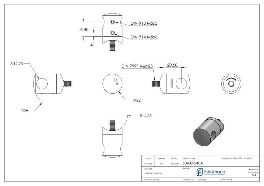 Querstabhalter für 33,7mm Rohr, 12,2mm Bohrung, V2A