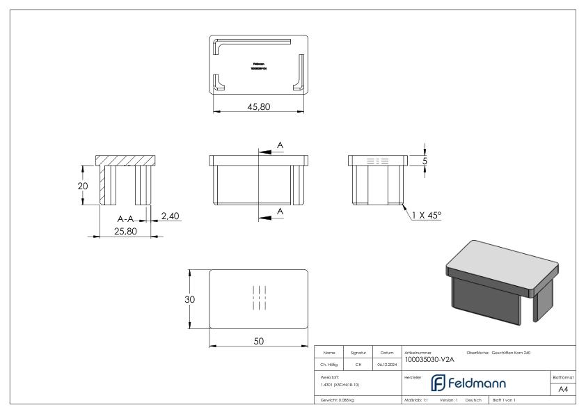 Einsteckkappe, für Rohr 50x30x2,0mm, V2A