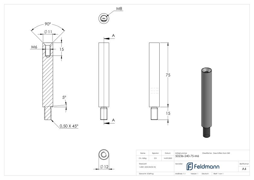 Stift Ø 12mm, L: 75mm, V2A