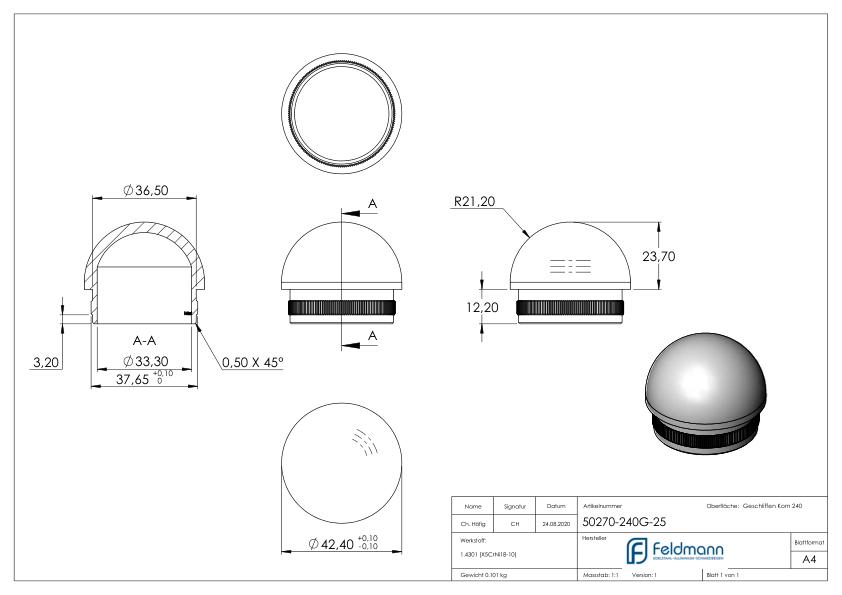 Rohrabschlussstopfen, für Rohr 42,4x2,5mm, V2A