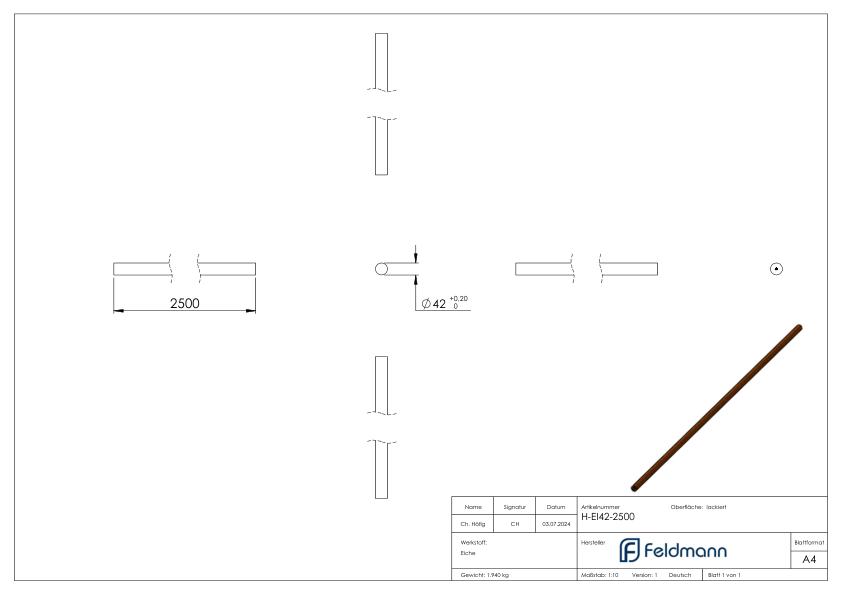 Holzhandlauf Eiche, Ø 42mm, L: 2,5m