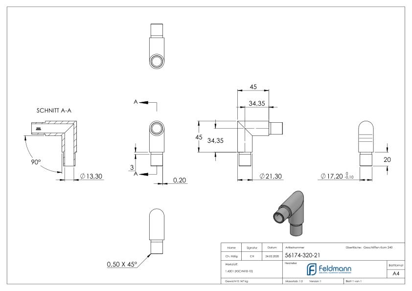 Eckstück 90°, für Rohr 21,3x2,0mm, V2A