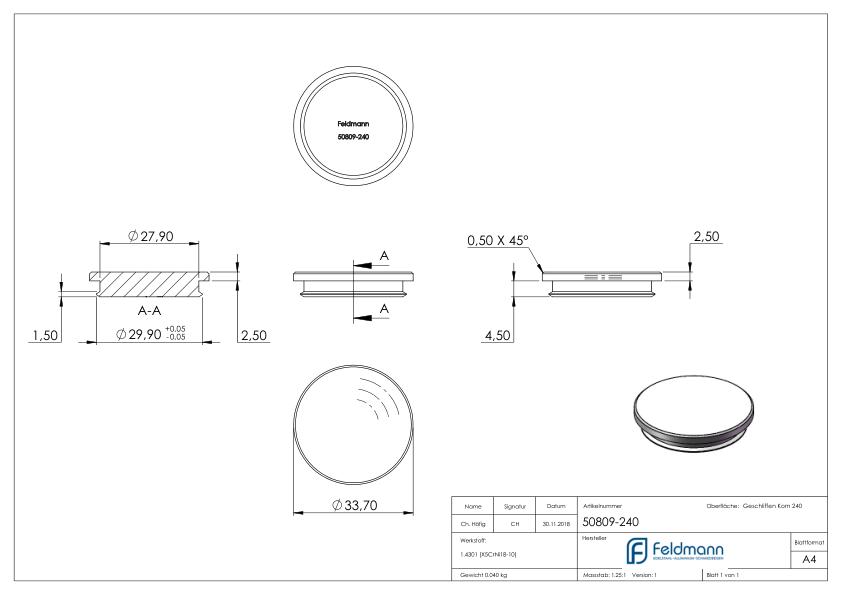 Rohrabschlussstopfen, für Rohr 33,7x2,0mm, V2A