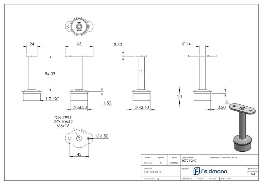 Rohrabschlussstopfen für Rohr 42,4x2,0mm, Handlaufanschlussplatte: flach, V2A