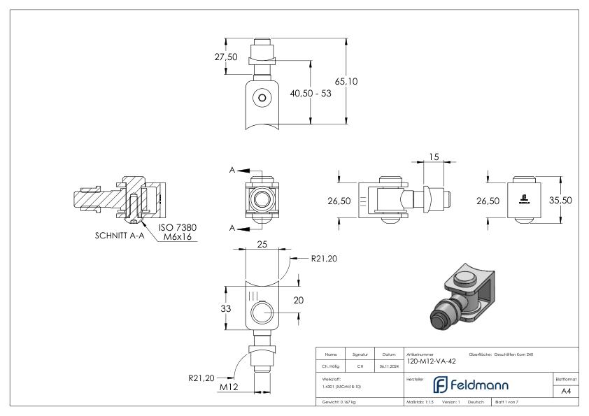 Torband mit Gewindehülse M12 für Rohr 42,4mm, V2A