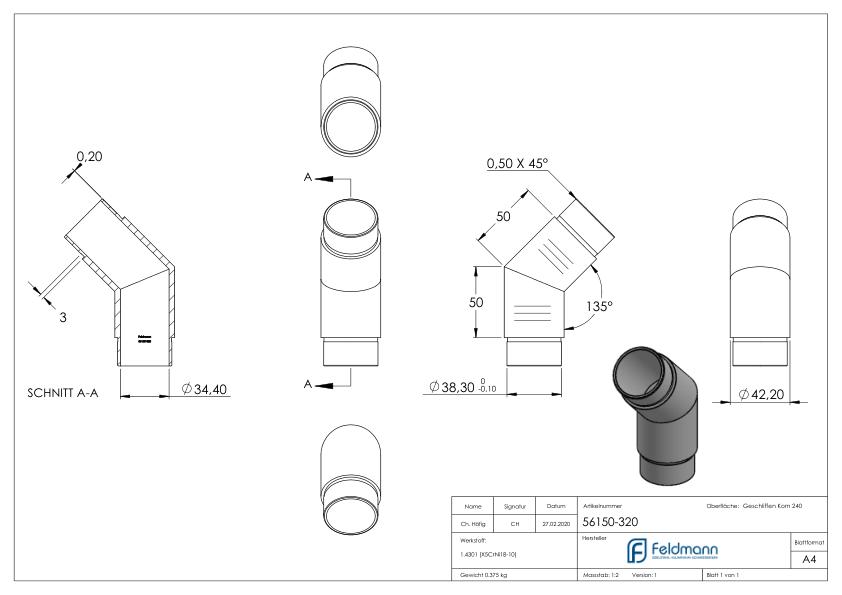 Eckstück 135°, für Rohr 42,4x2,0mm, V2A
