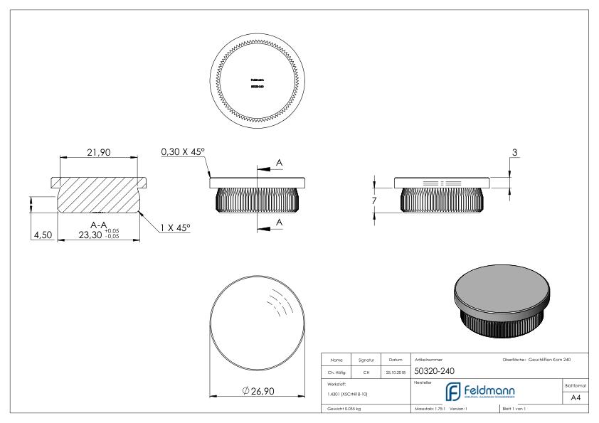 Rohrabschlussstopfen, für Rohr 26,9x2,0mm, V2A