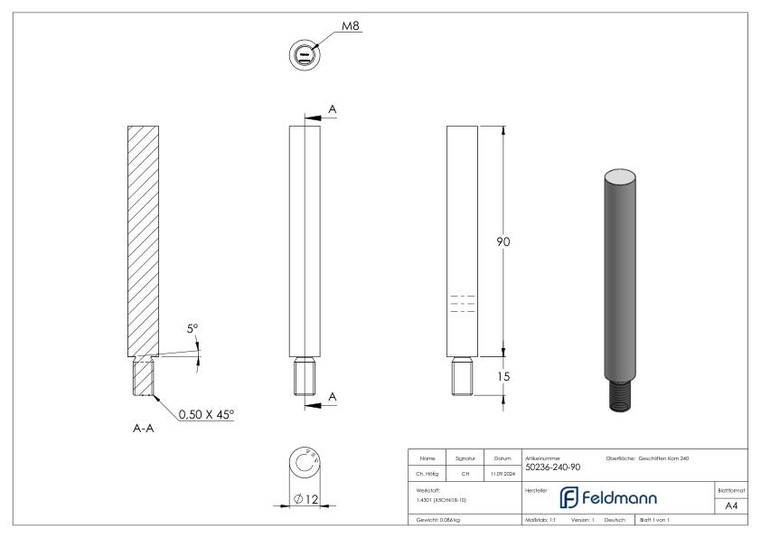 Stift Ø 12mm, L: 90mm, V2A