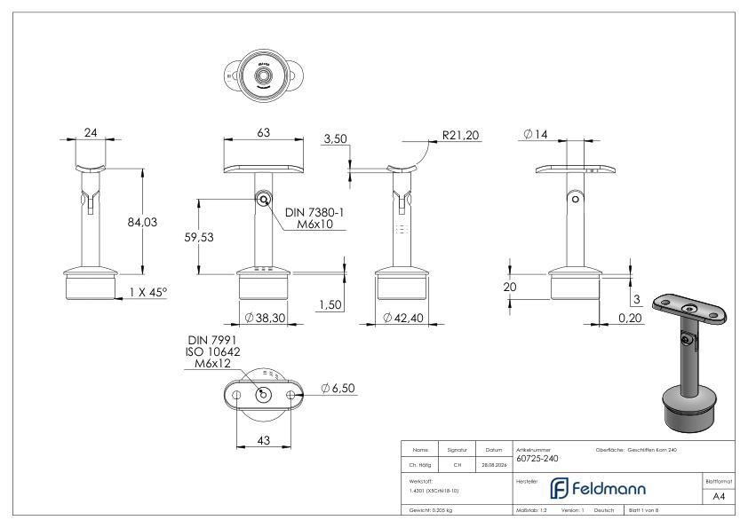 Rohrabschlussstopfen für Rohr 42,4x2,0mm, Handlaufanschlussplatte: 42,4mm, V2A