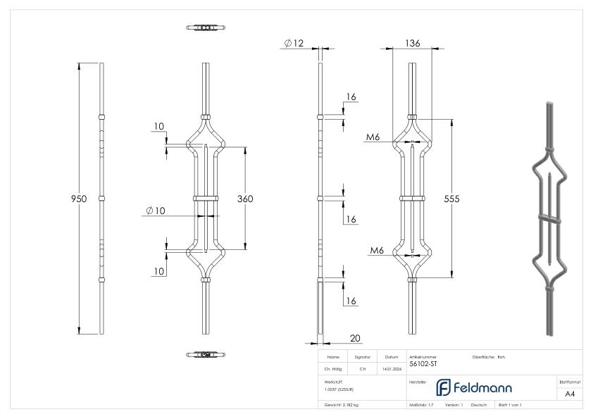 Designstab Ø 12mm, H: 950mm, für 2x Kugel 25mm