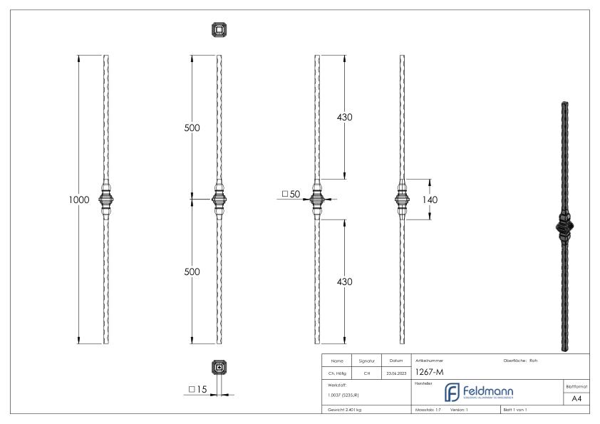 Zierstab, 15x15mm, Schmiedeteil mittig, H: 1000mm