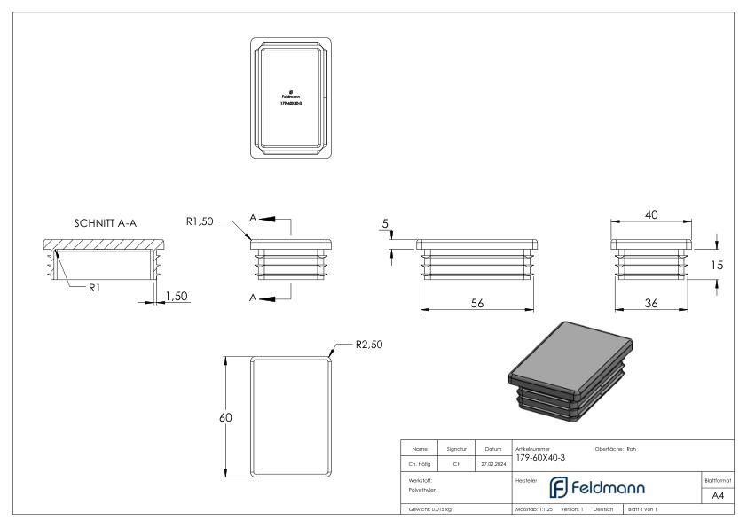 Kunststoffkappe für Rechteckrohr 60x40mm