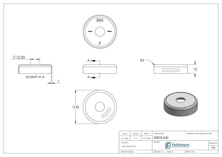 Abdeckrosette, 45x12mm, Bohrung 12,5mm, V2A