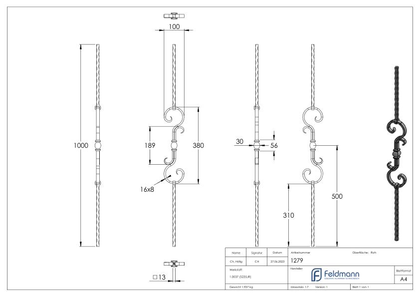 Zierstab 13x13mm, gehämmert, H: 900mm