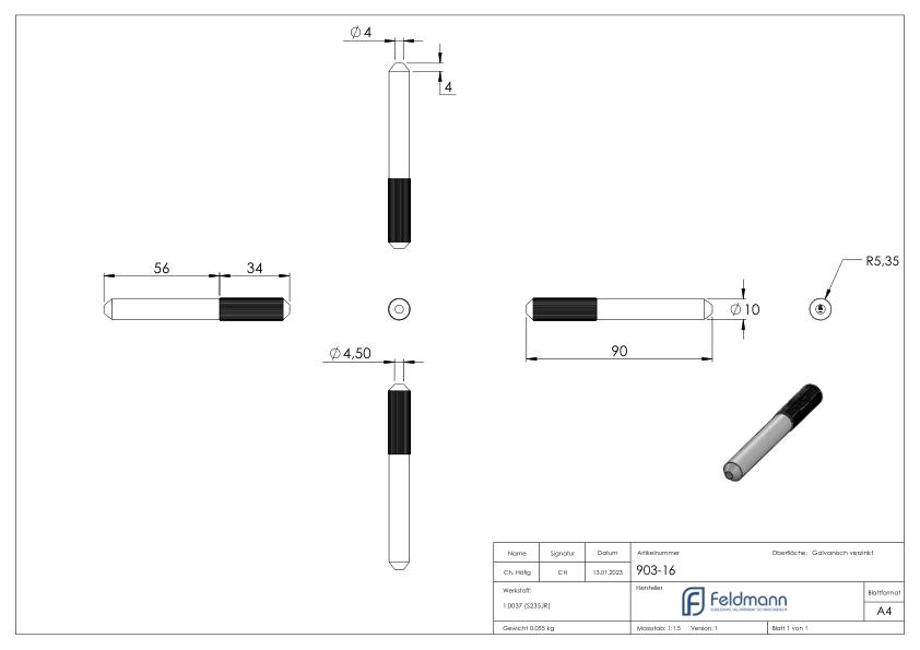 Verbindungsstift für Laufschiene mit Ø 16mm Verbindungsstift für Laufschiene mit Ø 16mm