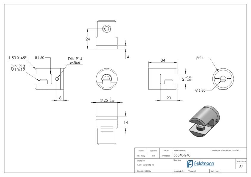 Plattenhalter  für geraden Anschluss, V2A