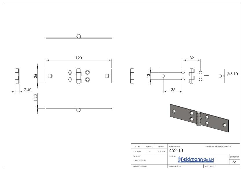 Scharnier 26x120mm mit festem Zapfen
