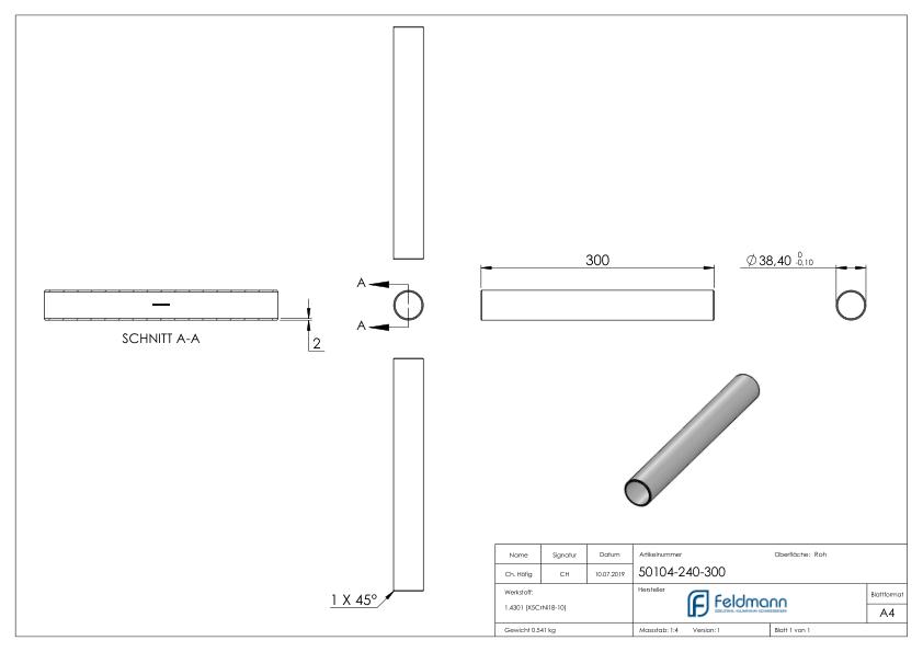 Verbindungsstück für Rohr 42,4x2,0mm, V2A