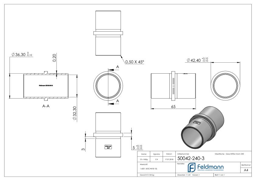 Verbindungsstück für Rohr 42,4x3,0mm, V2A