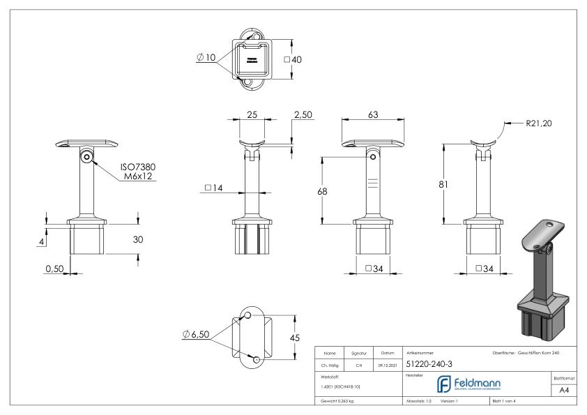 Rohrabschlussstopfen mit Gelenkstift für Rohr 40x40x3mm, V2A