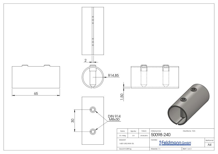 Verbindungshülse für Rohr 33,7x2,0mm, V2A