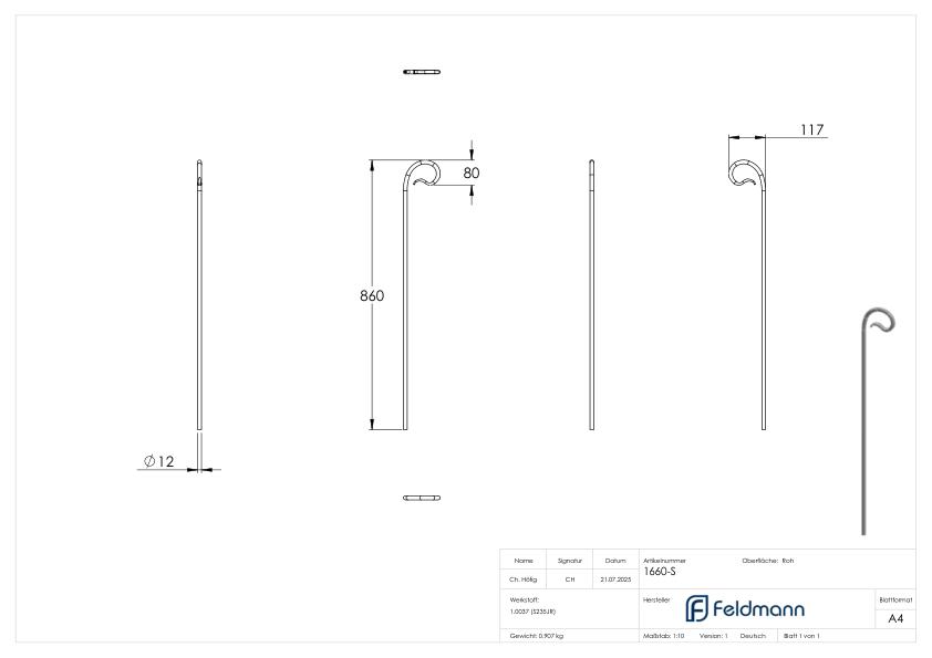 Stab aus Ø 12mm, oben eingerollt, 860mm