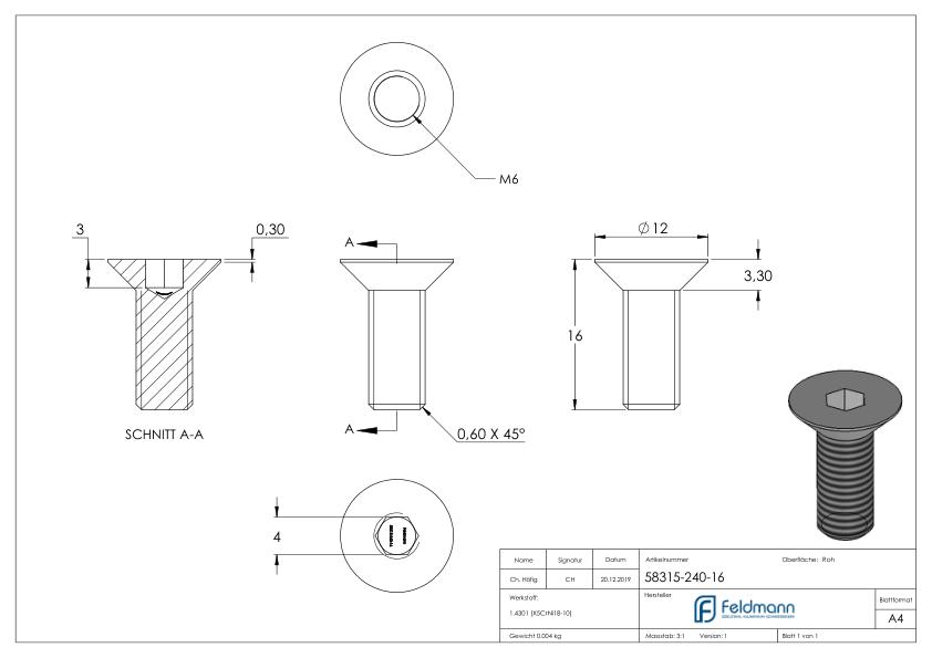 Senkkopfschraube M6x16, V2A, ISO 10642 Senkkopfschraube M6x16, V2A, ISO 10642