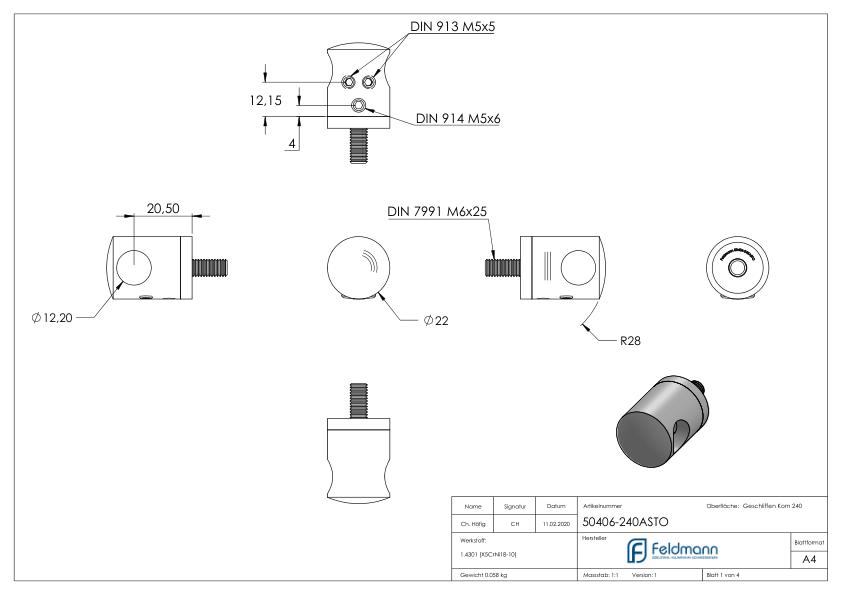 Querstabhalter zum Stoßen für geraden Anschluss, 12,2mm Bohrung, V2A