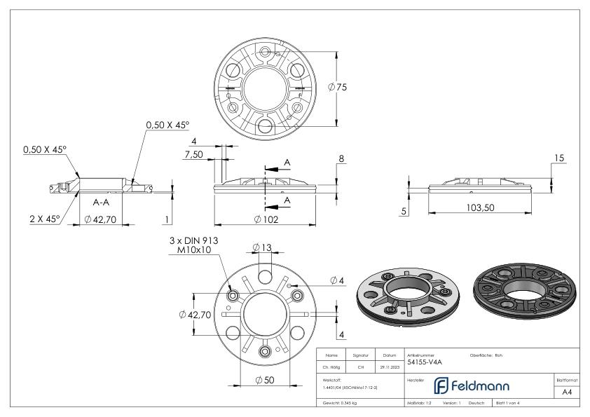 Ankerplatte, Ø 103,5x8mm für 42,4mm Rohr, roh, V4A