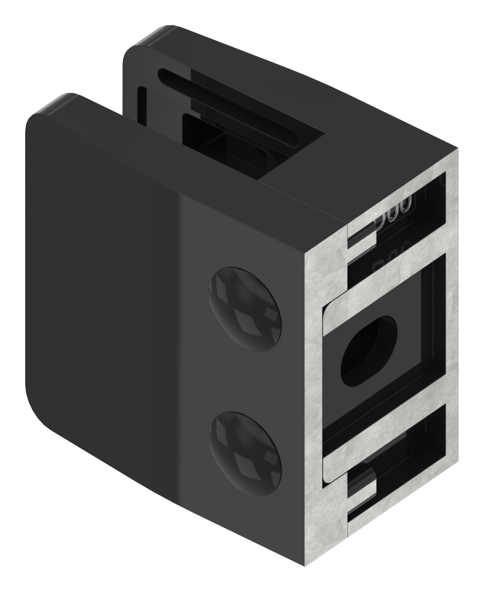 Glasklemme Mod. 14, Anschluss: gerade, Zink roh pulverbeschichtet RAL 9005 schwarz glänzend