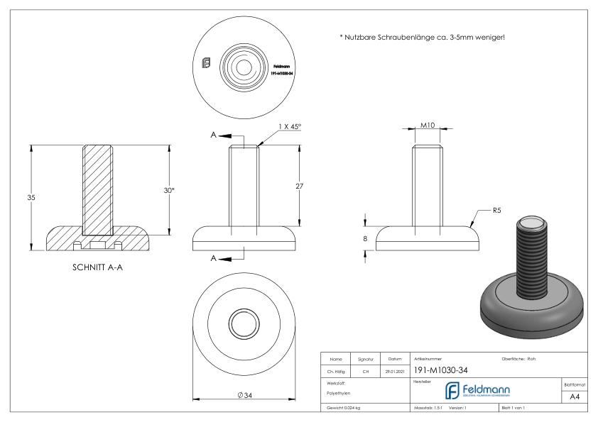 Stellfuß mit Bodenausgleichsschraube M10x30