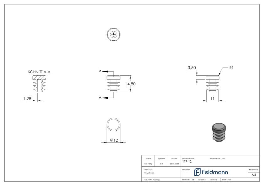 Kunststoffkappe für Rundrohr 12mm