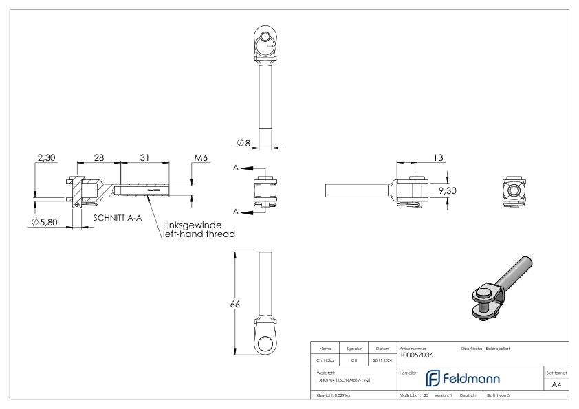 Gabelterminal mit Innengew. M6 links, V4A