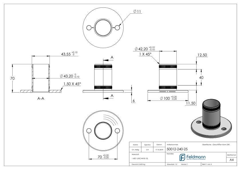 Wand- und Bodenanker mit Rändelung, für Rohr 48,3x2,5mm, V2A