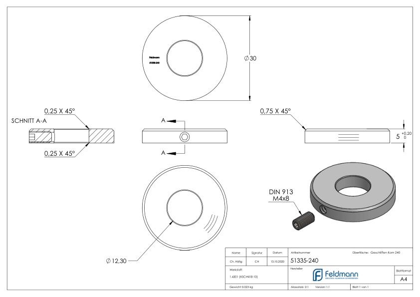 Abdeckscheibe 30x5mm, mit Rundschliff und Fase, Bohrung 12,3mm, V2A