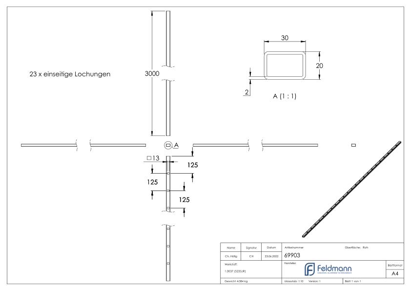 Rechteckrohr 30x20x2mm, gelocht, L: 3000mm